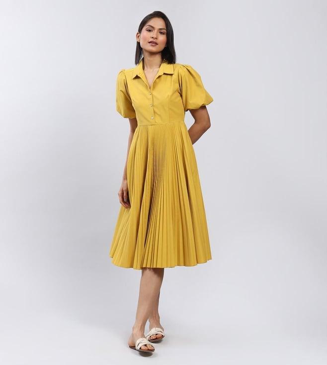 label ritu kumar mustard button-up midi dress with pleats