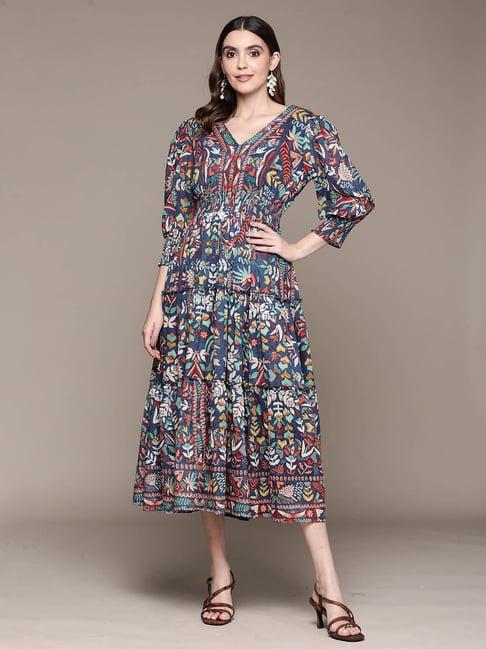 label ritu kumar navy floral midi dress