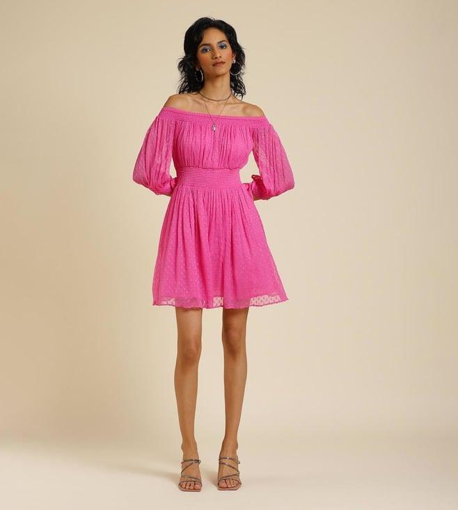 label ritu kumar off shoulder full slv solid short dress