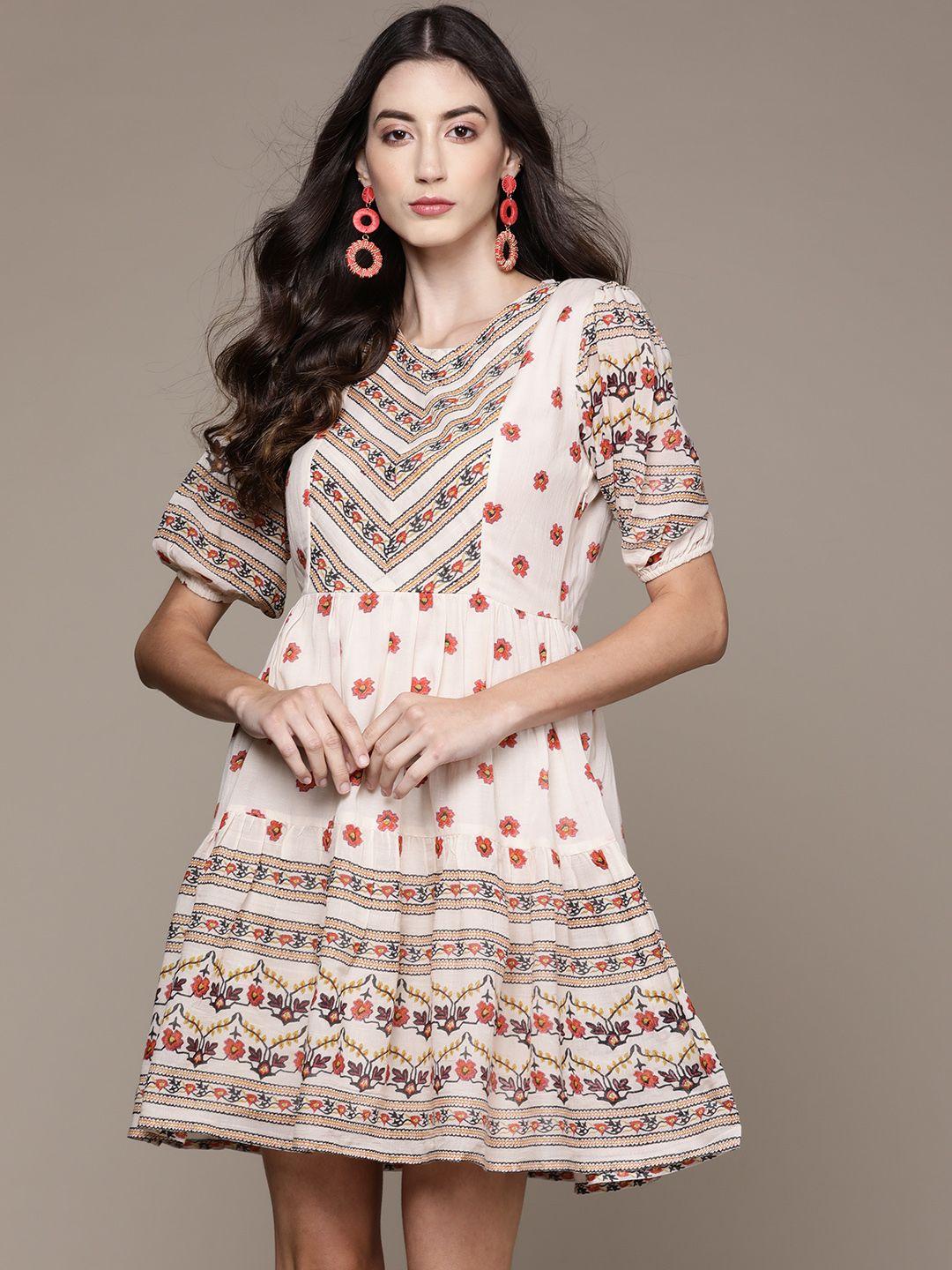 label ritu kumar off white & orange ethnic printed georgette a-line dress