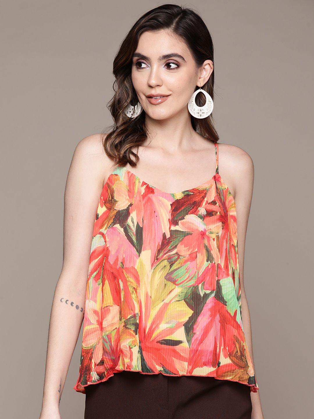 label ritu kumar orange & pink floral print georgette top