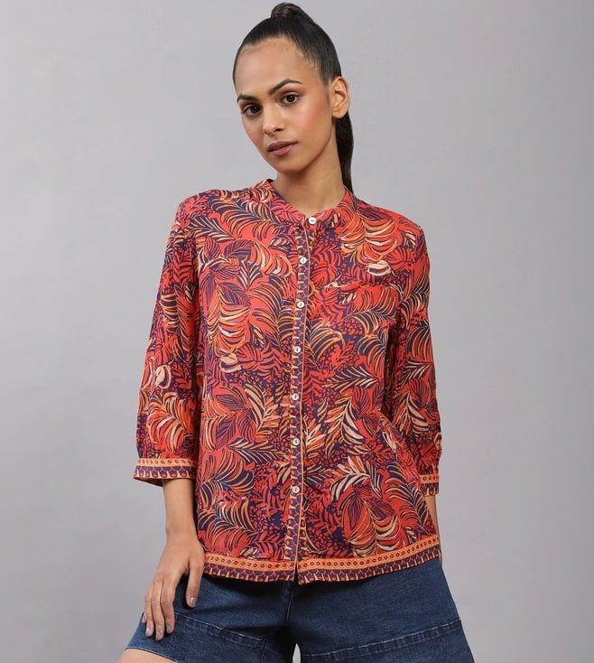 label ritu kumar orange band collar 3 & 4th sleeves printed shirt