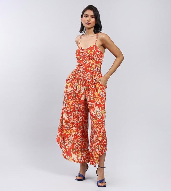 label ritu kumar orange strappy geometric print jumpsuit