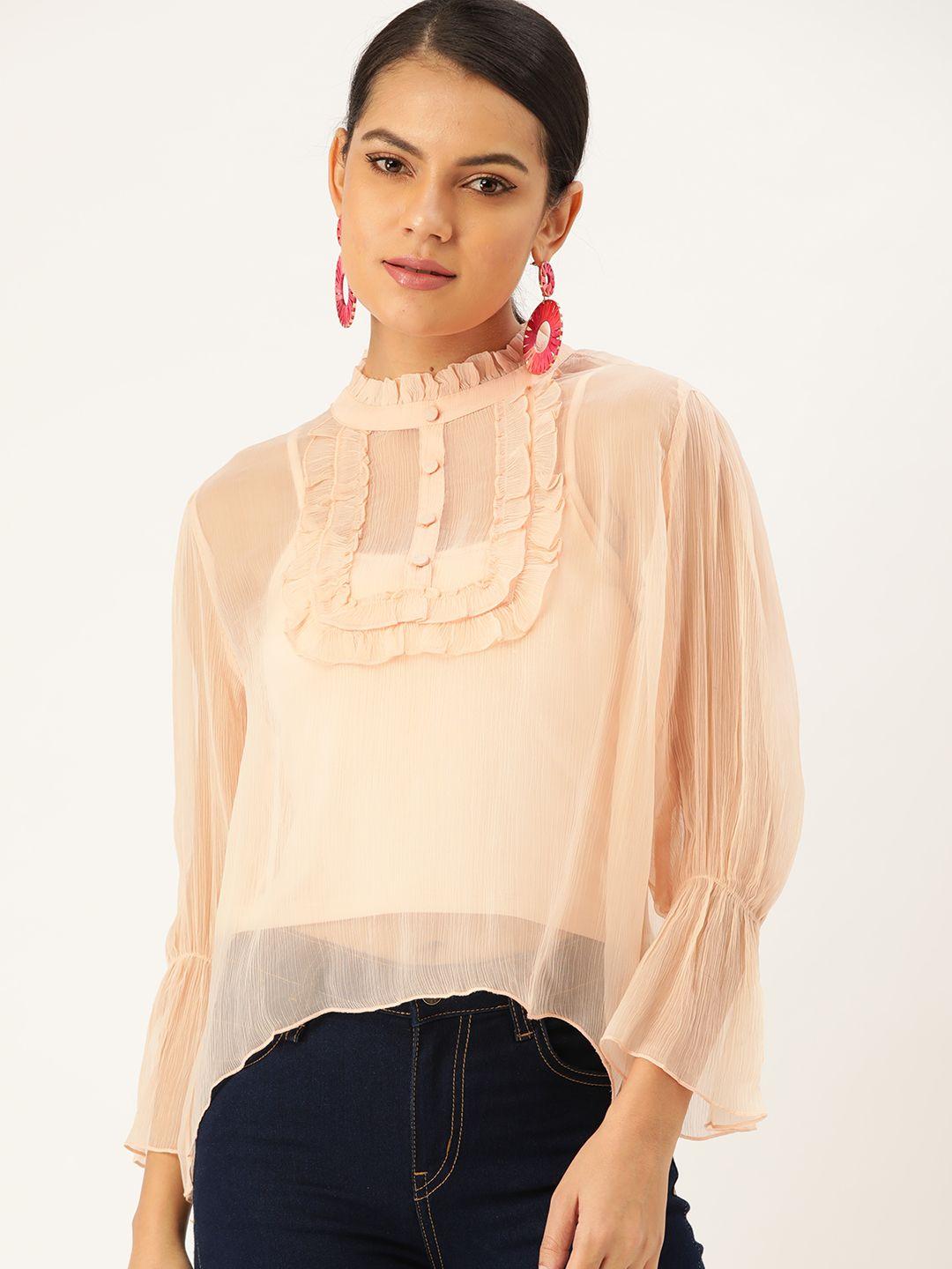 label ritu kumar peach bell sleeve ruffles victorian chiffon regular top with inner