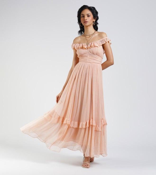 label ritu kumar peach off shoulder maxi dress