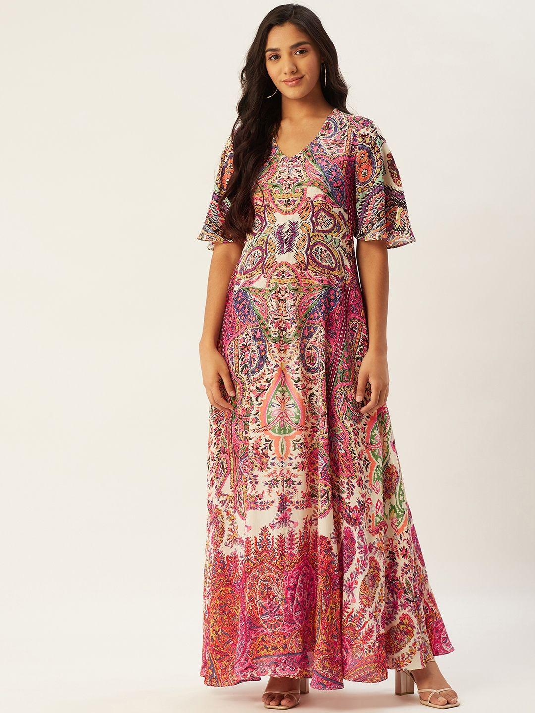 label ritu kumar pink & off-white paisley motifs ethnic maxi dress