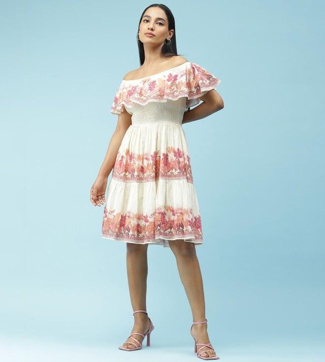 label ritu kumar pink off shoulder printed short dress