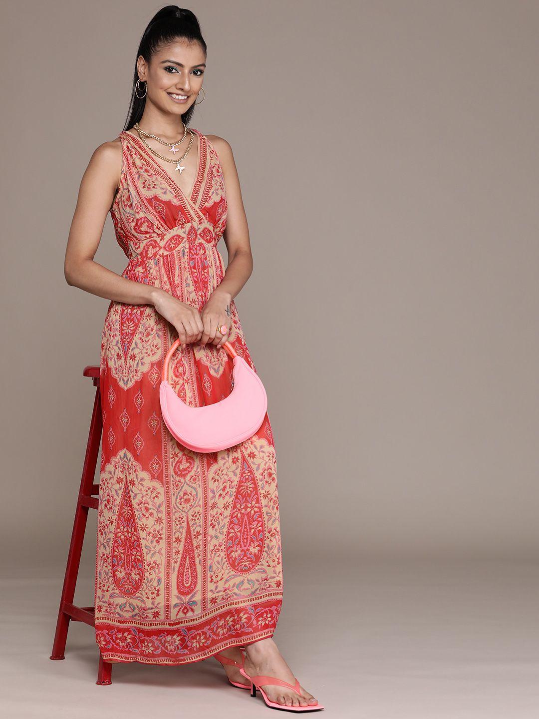 label ritu kumar red & beige ethnic motifs printed styled back georgette a-line maxi dress