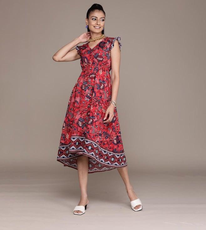 label ritu kumar red v-neck sleeveless calf length dress