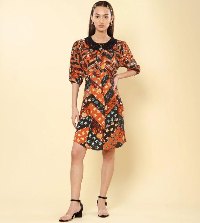 label ritu kumar rust floral printed short dress