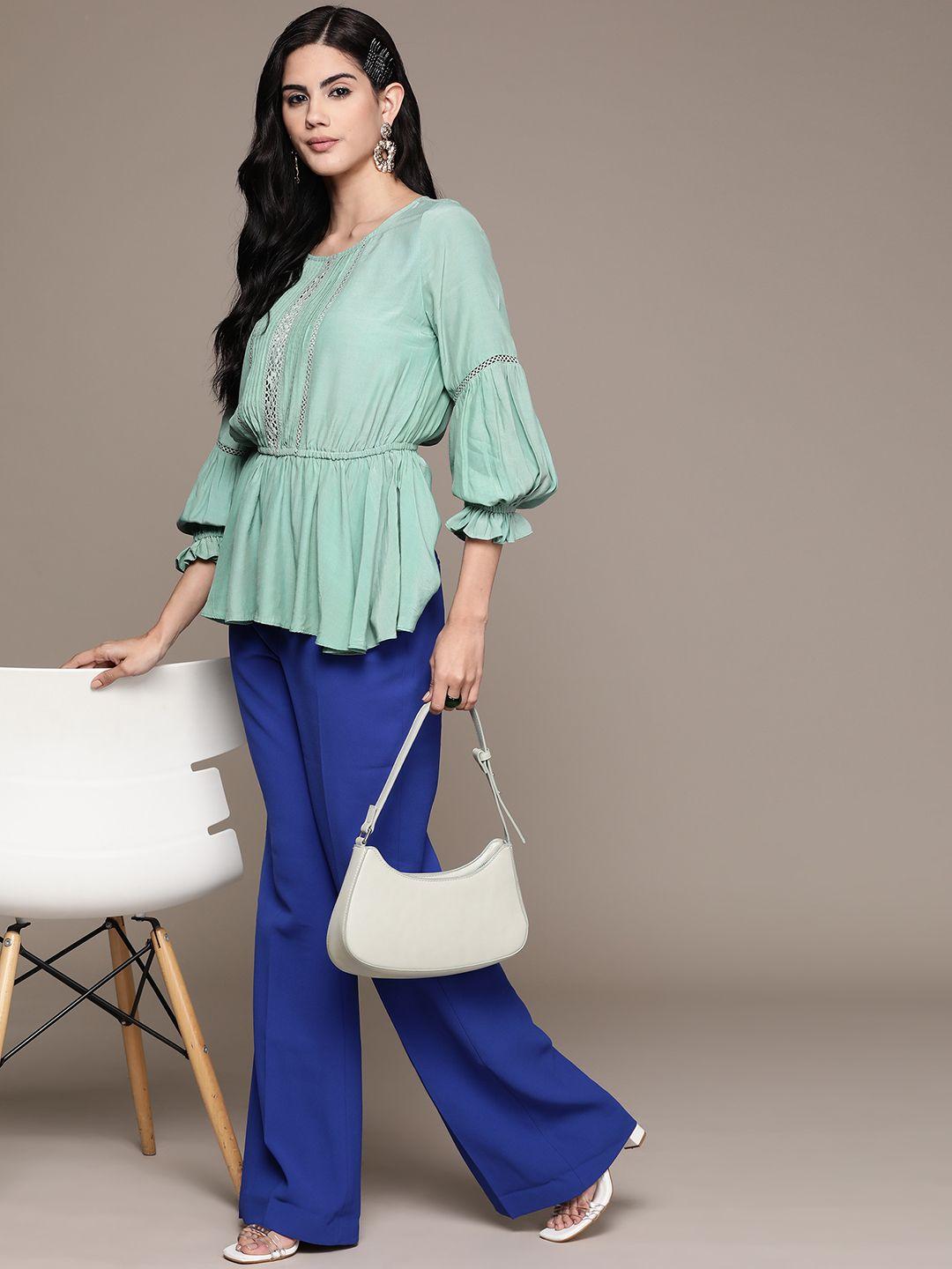 label ritu kumar sea green solid bell sleeves pleated lace & ruffles peplum crepe top