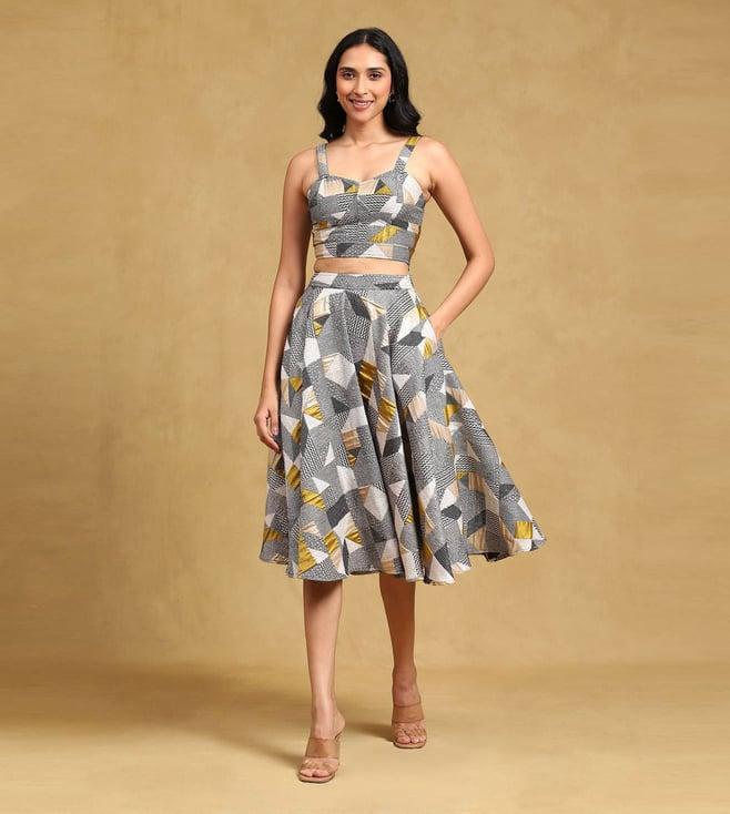 label ritu kumar silver jacquard top with skirt co-ord set