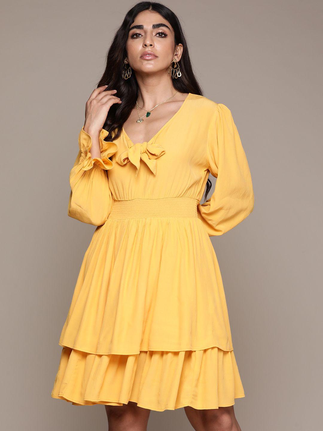 label ritu kumar smocked crepe tiered dress with bow detailing