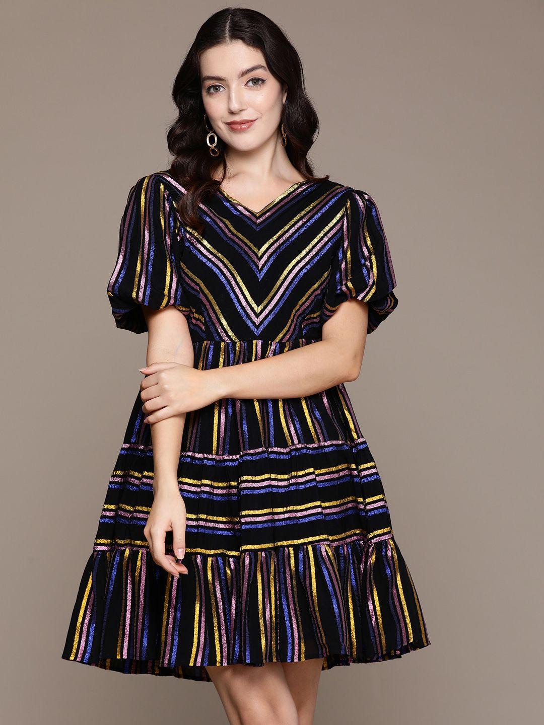 label ritu kumar striped puff sleeve tiered a-line dress
