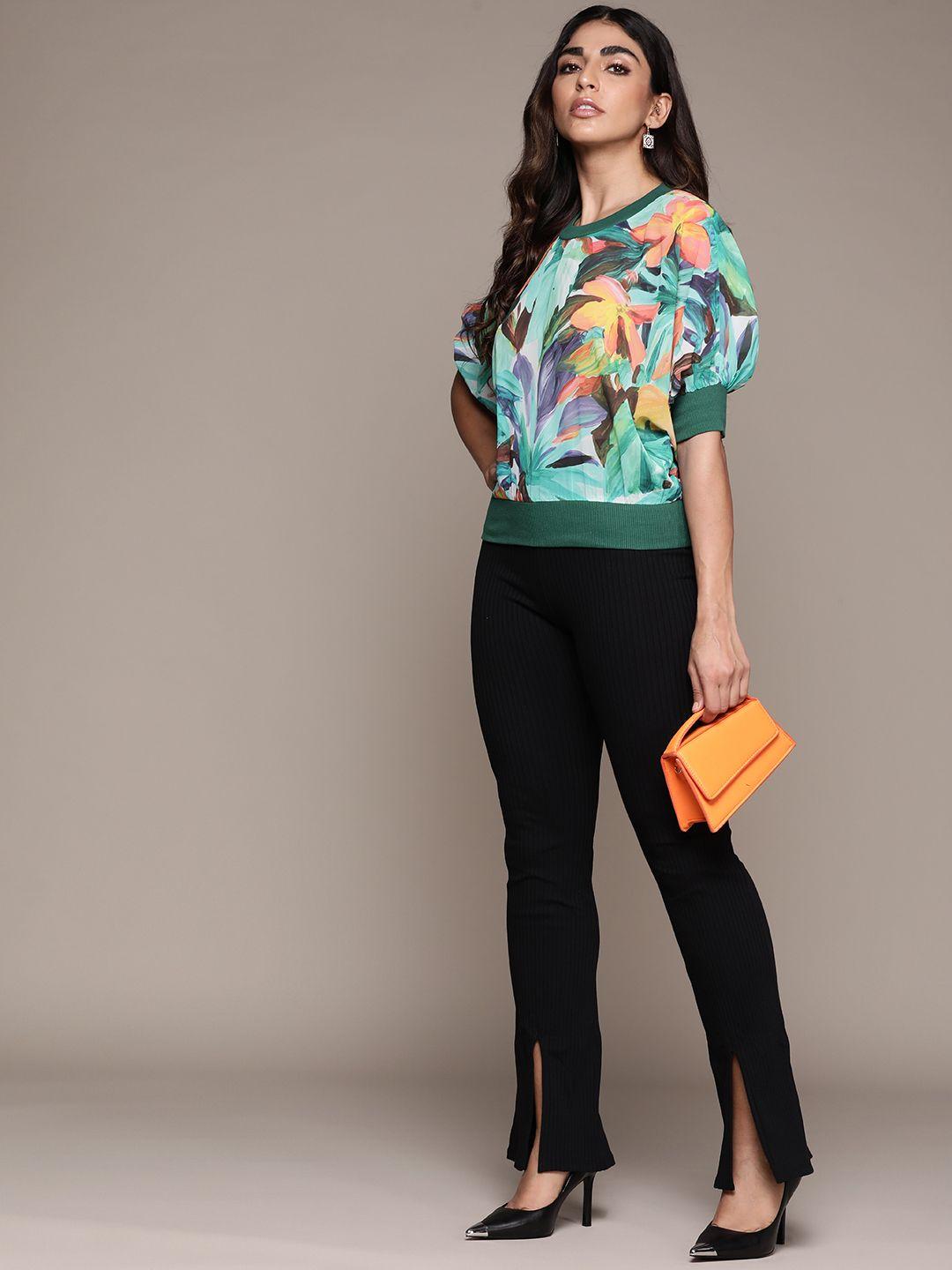 label ritu kumar teal & turquoise blue floral print georgette top