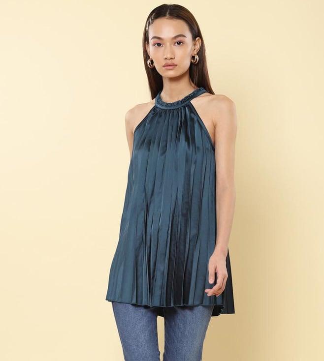 label ritu kumar teal pleated halter neck top