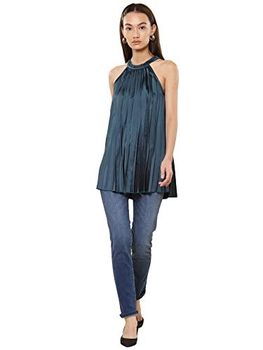 label ritu kumar teal pleated halter neck top