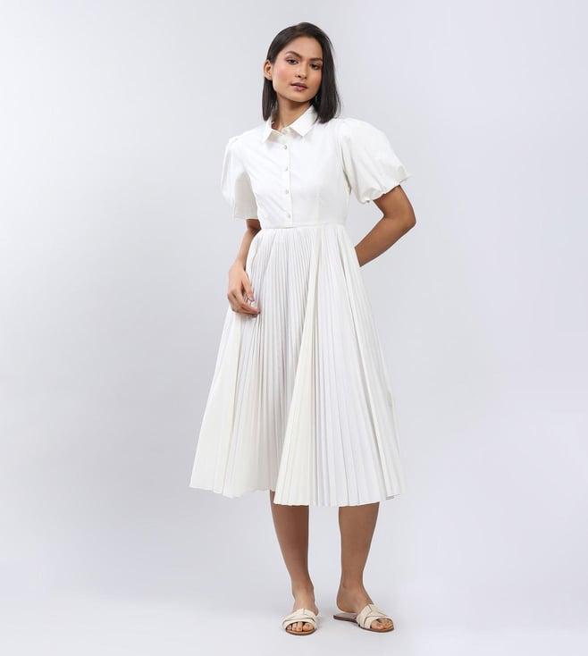 label ritu kumar white button-up midi dress with pleats