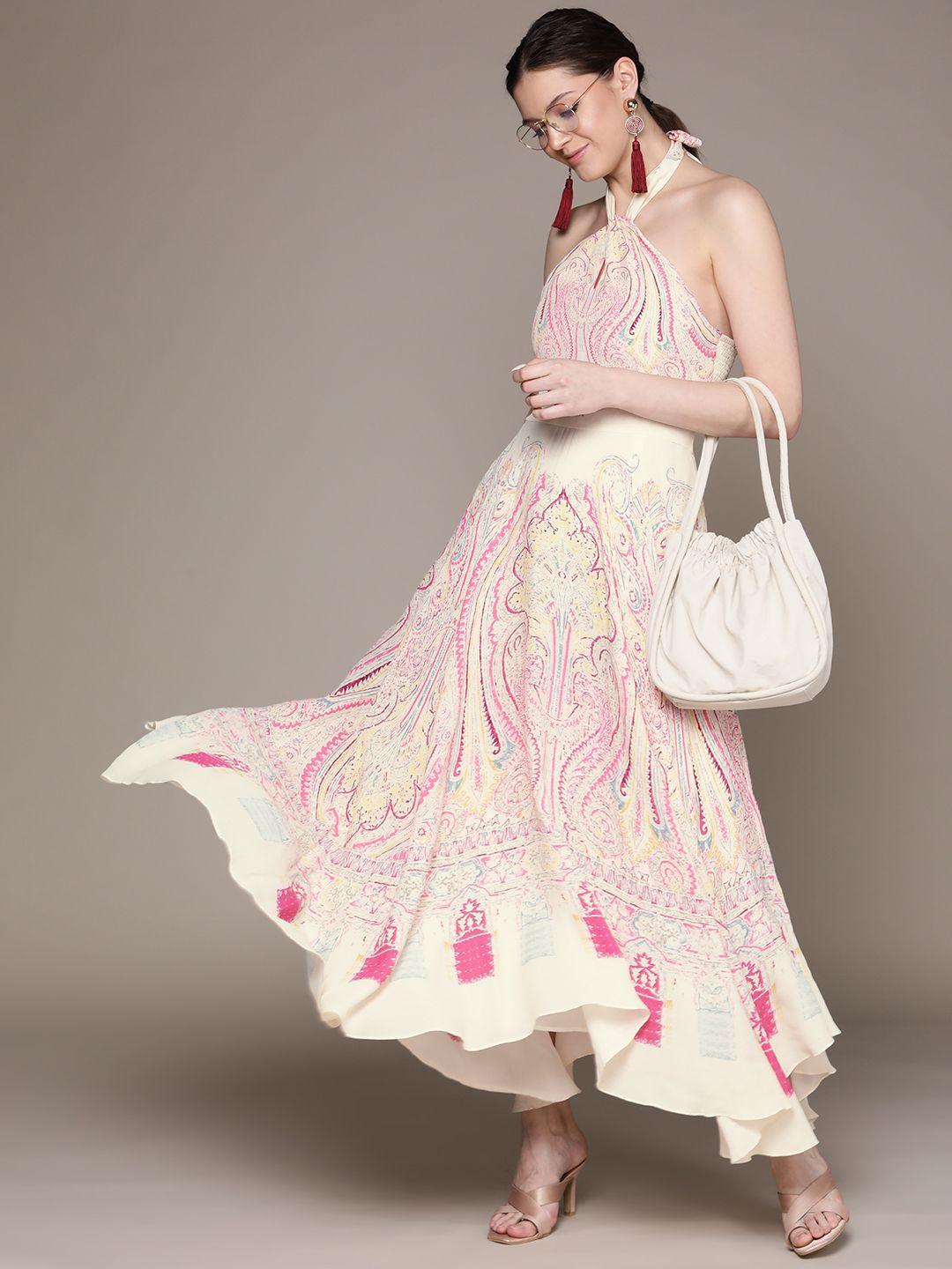 label ritu kumar women beige & pink ethnic motifs printed halter neck a-line maxi dress