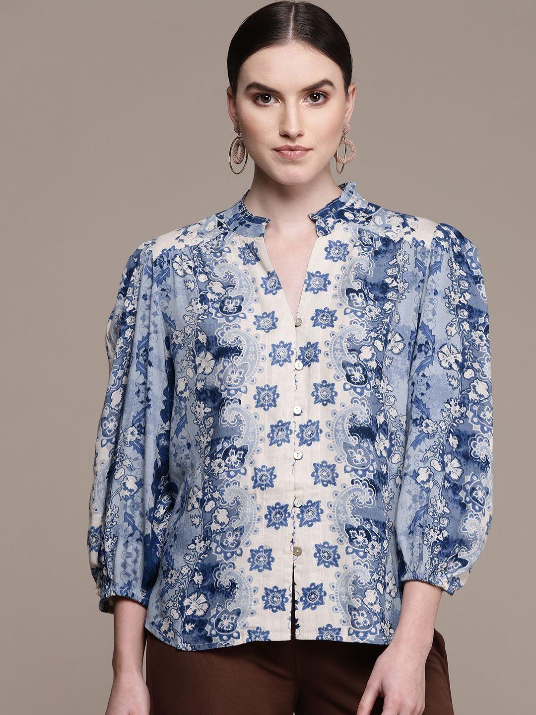 label ritu kumar women blue & white printed casual shirt