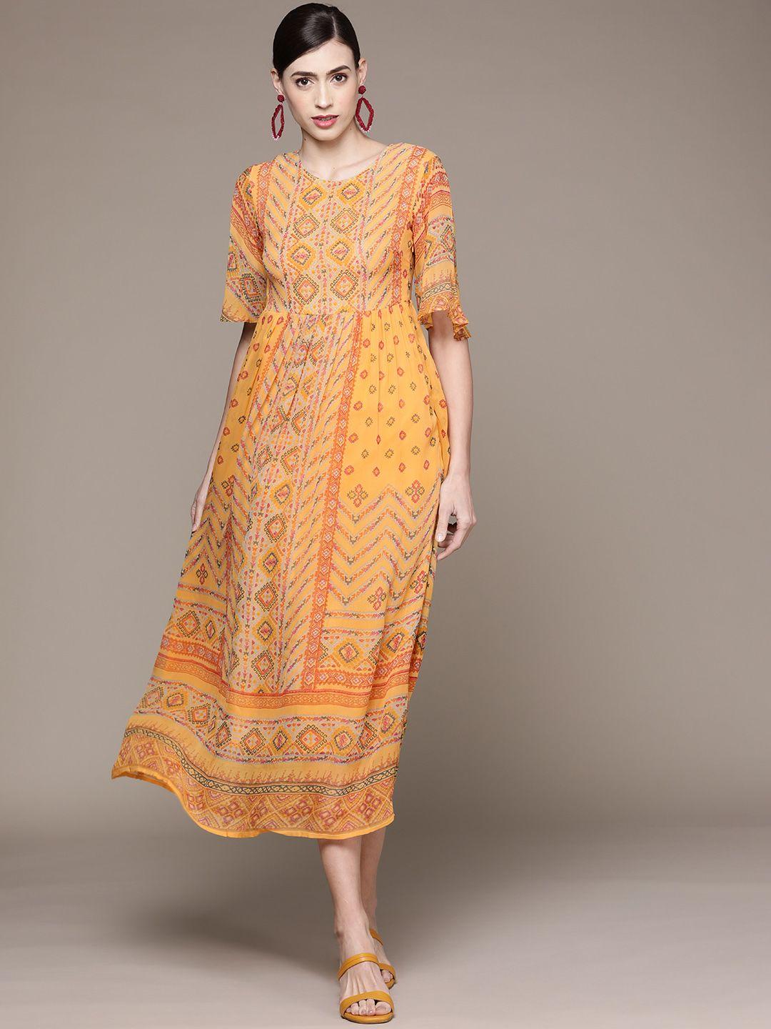 label ritu kumar women mustard yellow & red ethnic motifs georgette a-line midi dress