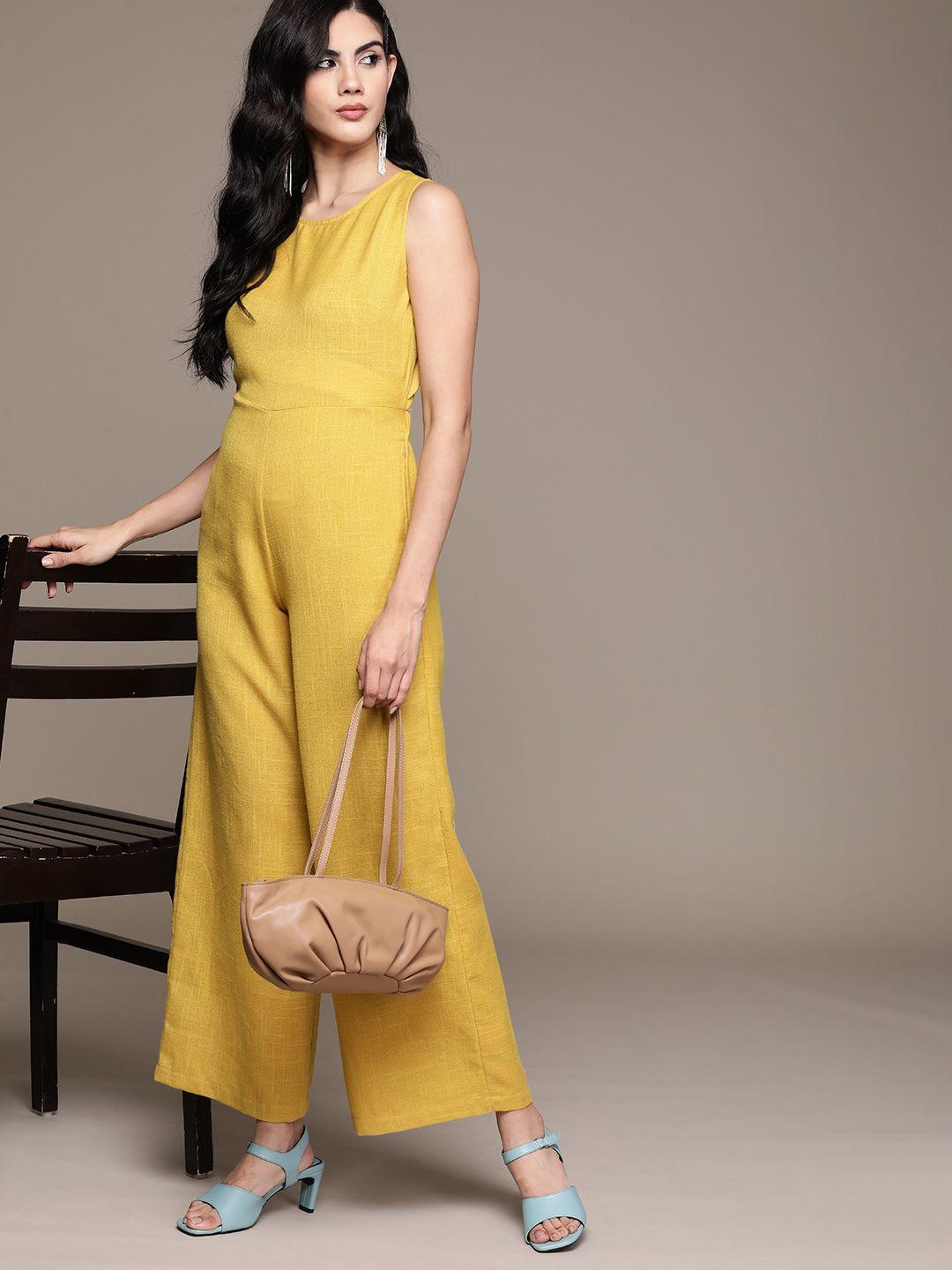 label ritu kumar women mustard yellow linen round neck basic jumpsuit with styled back