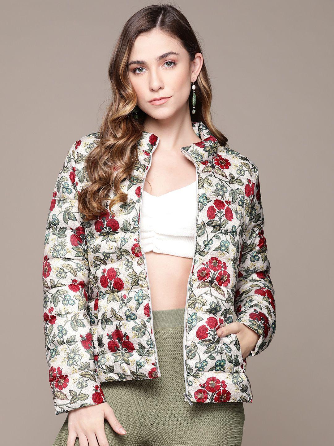 label ritu kumar women off white red floral puffer jacket