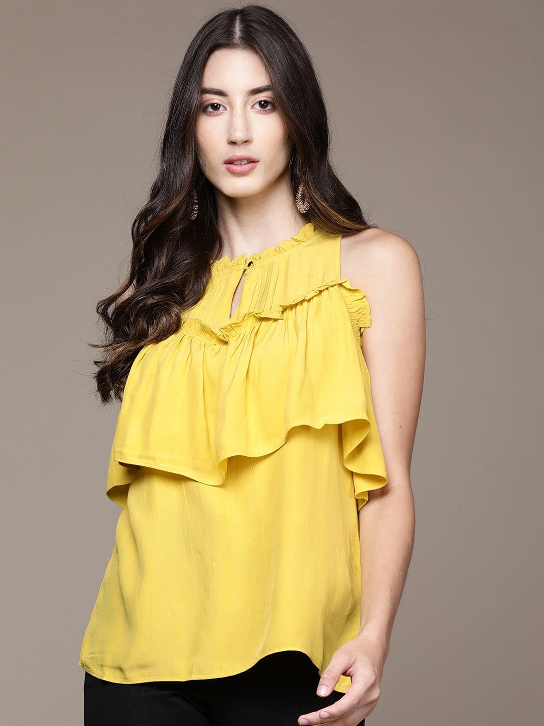 label ritu kumar women yellow solid keyhole neck top