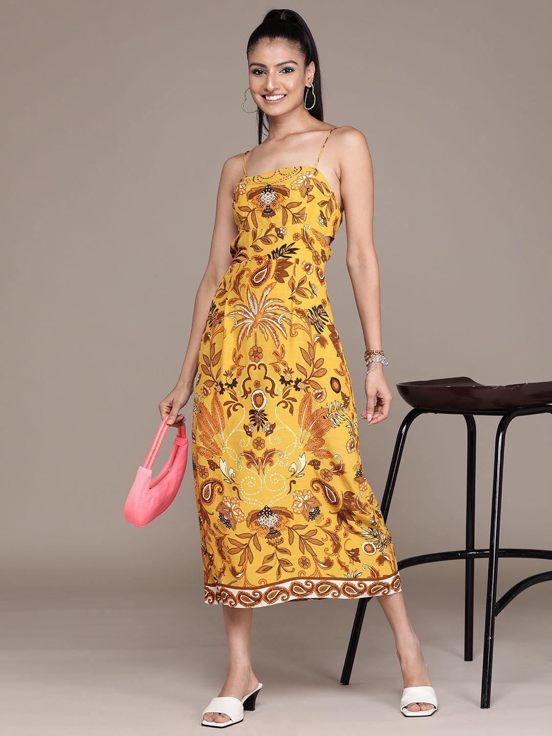 label ritu kumar yellow & brown ethnic motifs printed styled back crepe a-line maxi dress