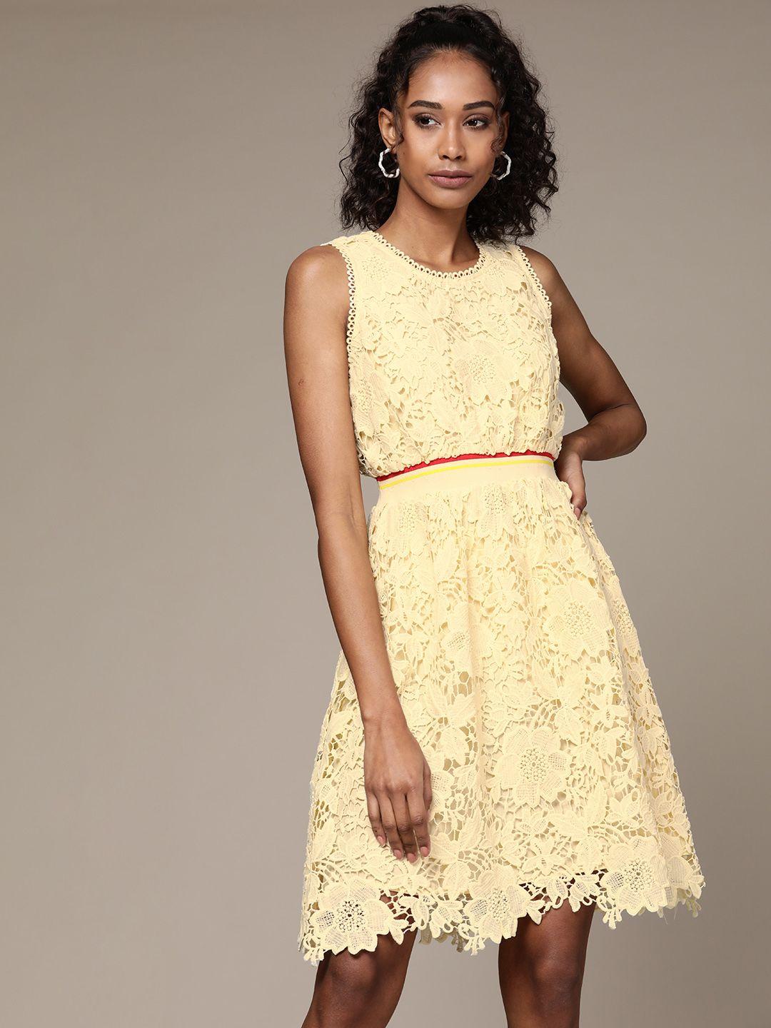 label ritu kumar yellow floral embroidered round neck schiffli lace fit & flare dress