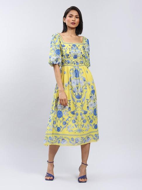 label ritu kumar yellow printed midi dress