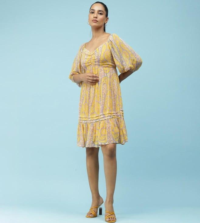 label ritu kumar yellow printed short dress