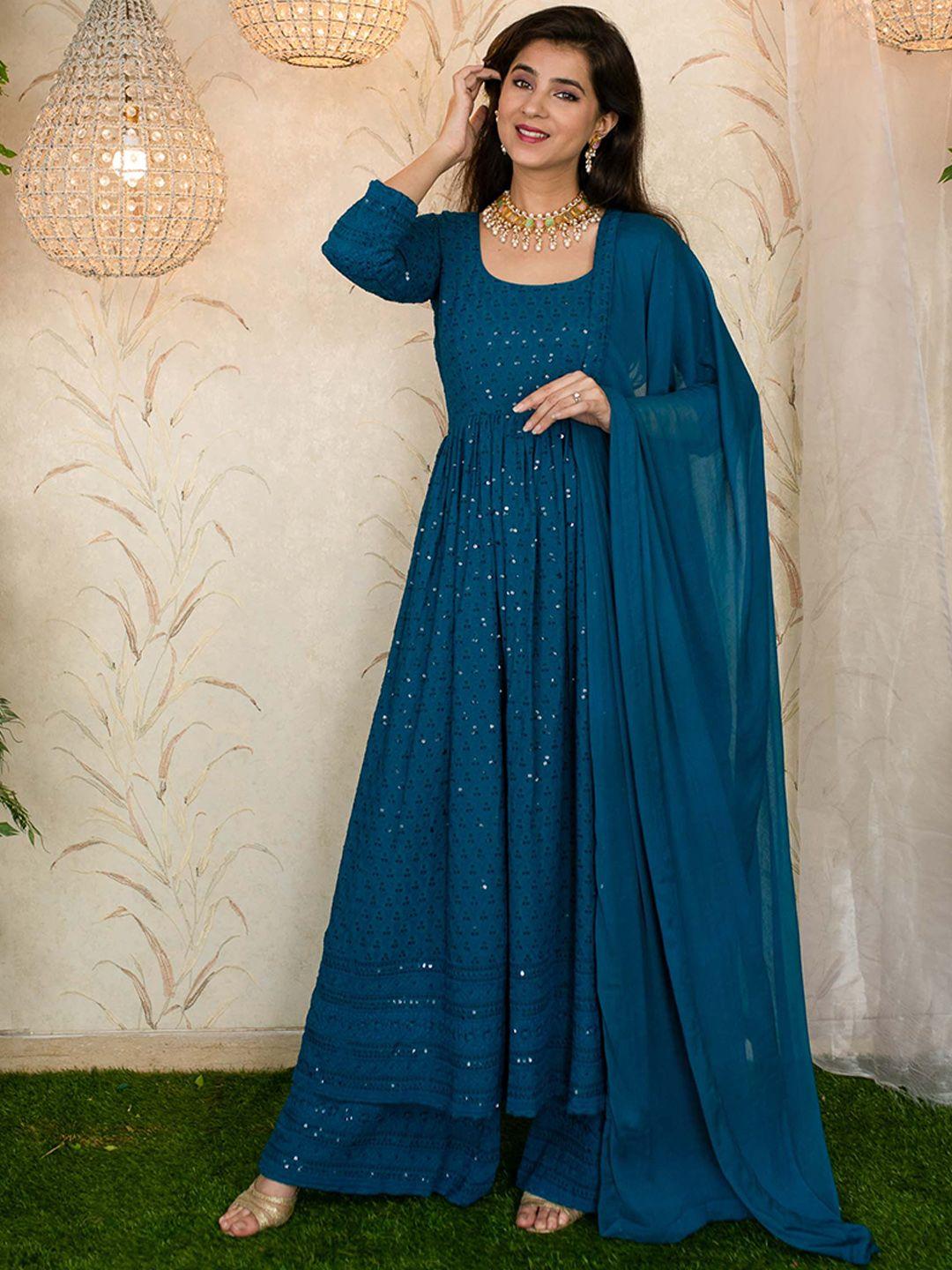 label shaurya sanadhya ethnic motifs embroidered sequinned kurta with palazzos & dupatta