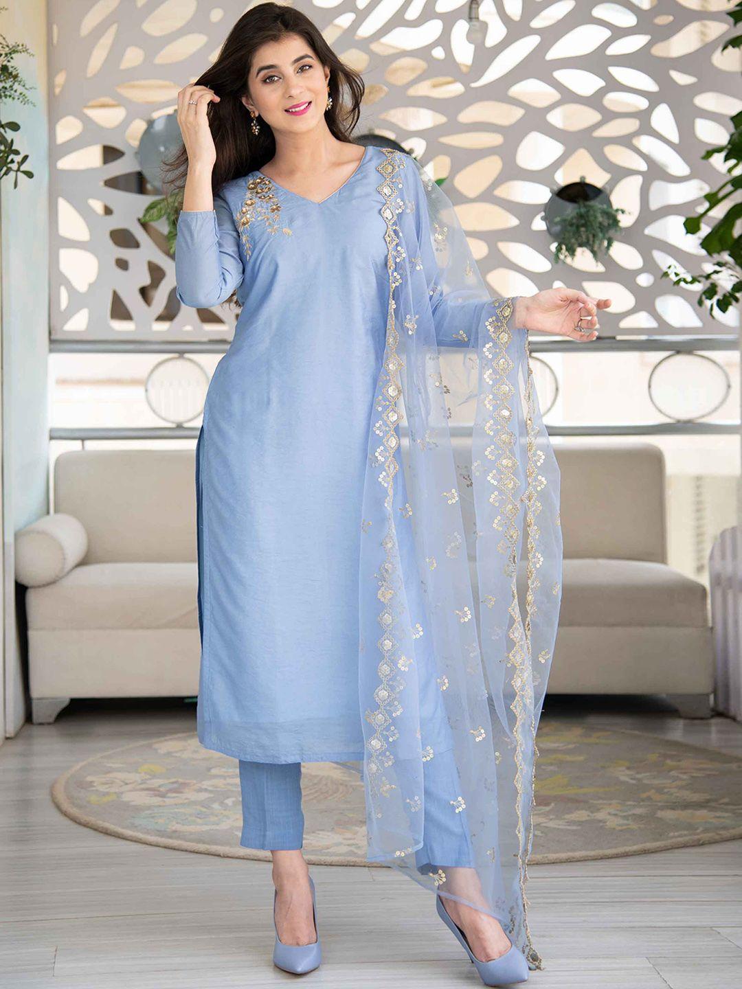 label shaurya sanadhya ethnic motifs embroidered sequinned kurta with trousers & dupatta