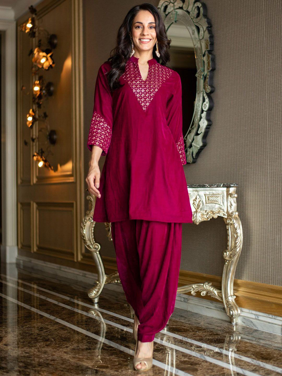 label shaurya sanadhya ethnic motifs yoke designed a-line sequined velvet kurta set