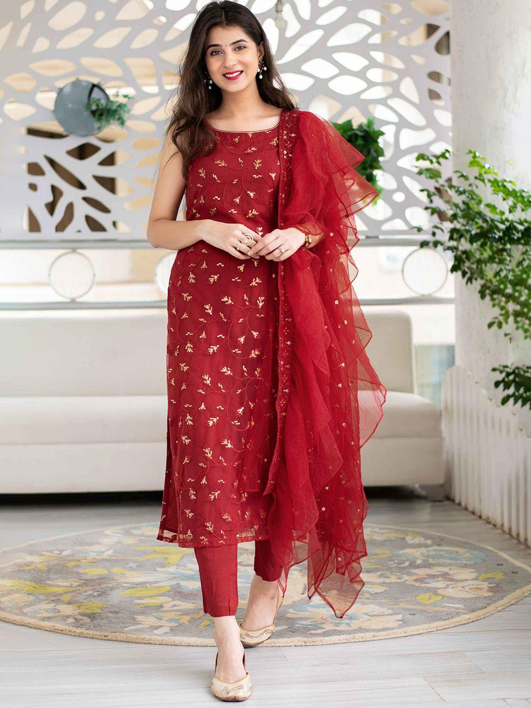 label shaurya sanadhya floral embroidered sequinned kurta with trousers & with dupatta