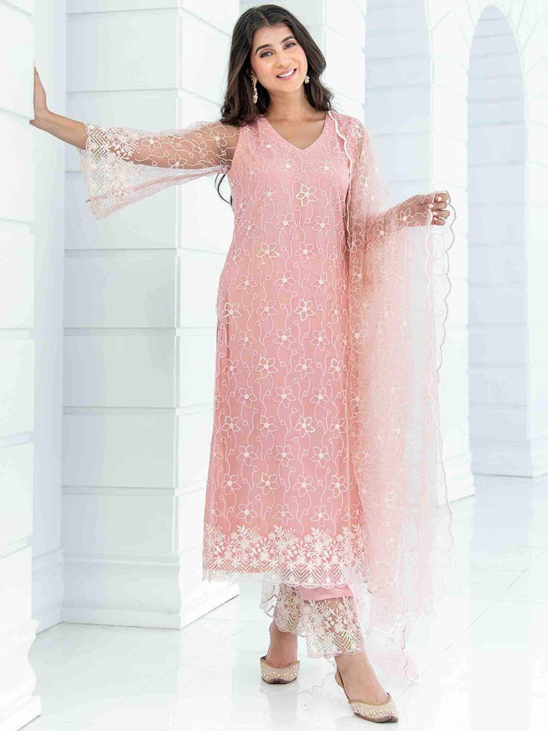 label shaurya sanadhya floral embroidered thread work kurta with pyjamas & dupatta