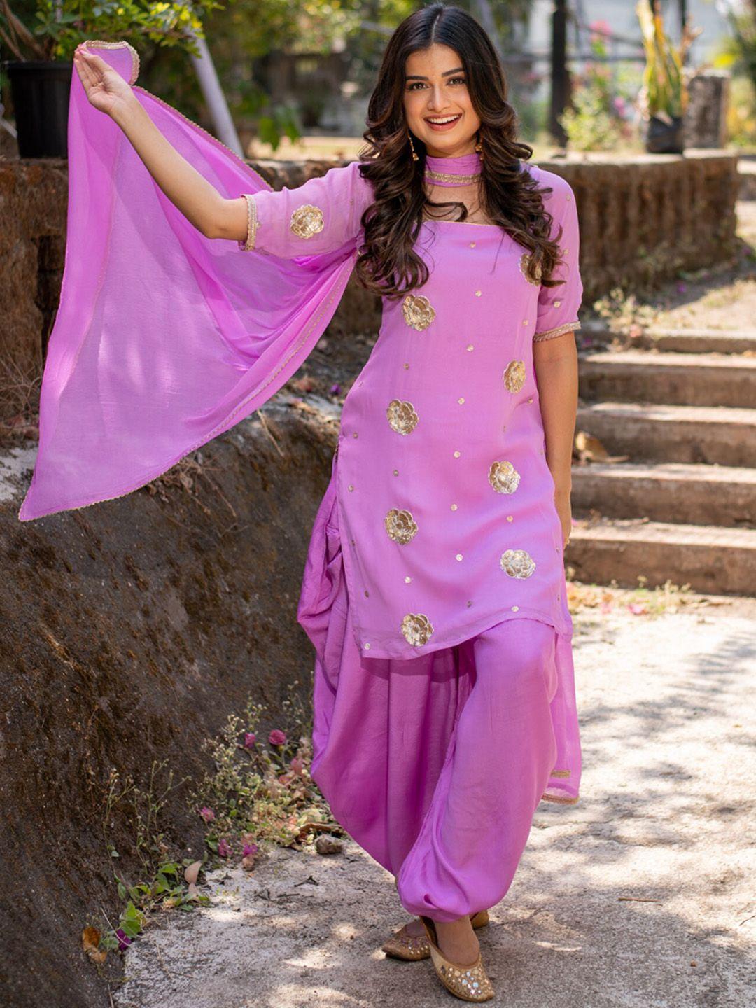 label shaurya sanadhya women lavender floral embroidered regular sequinned kurta with patiala & with dupatta