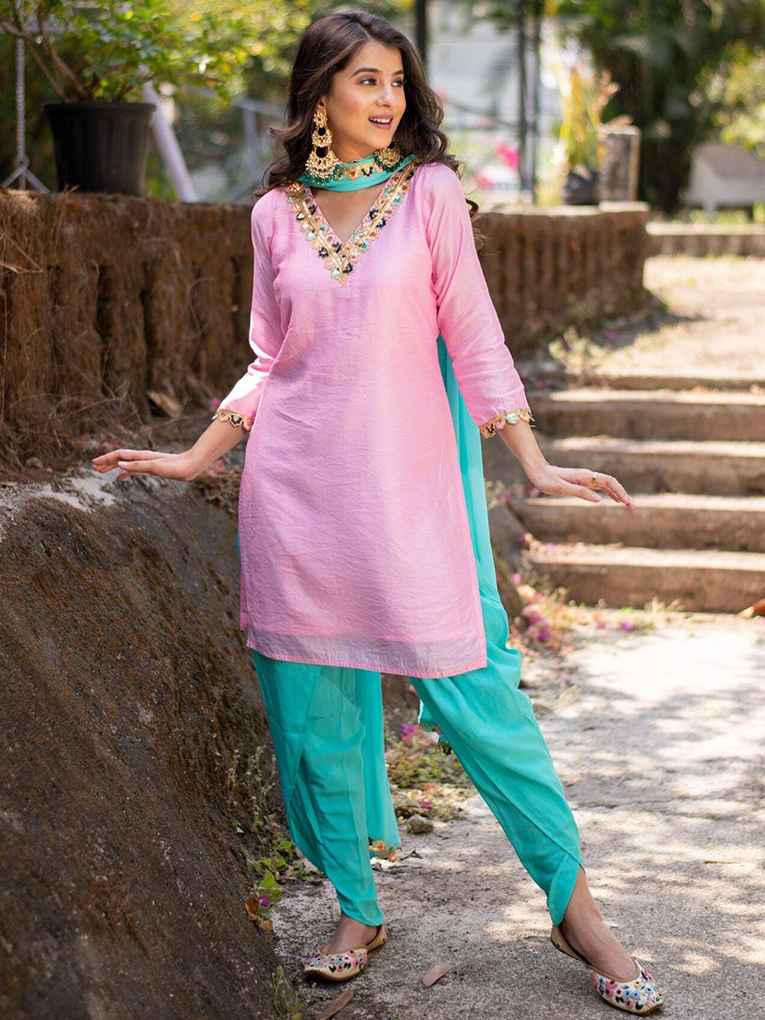label shaurya sanadhya women pink floral embroidered regular chanderi silk kurta with harem pants & with