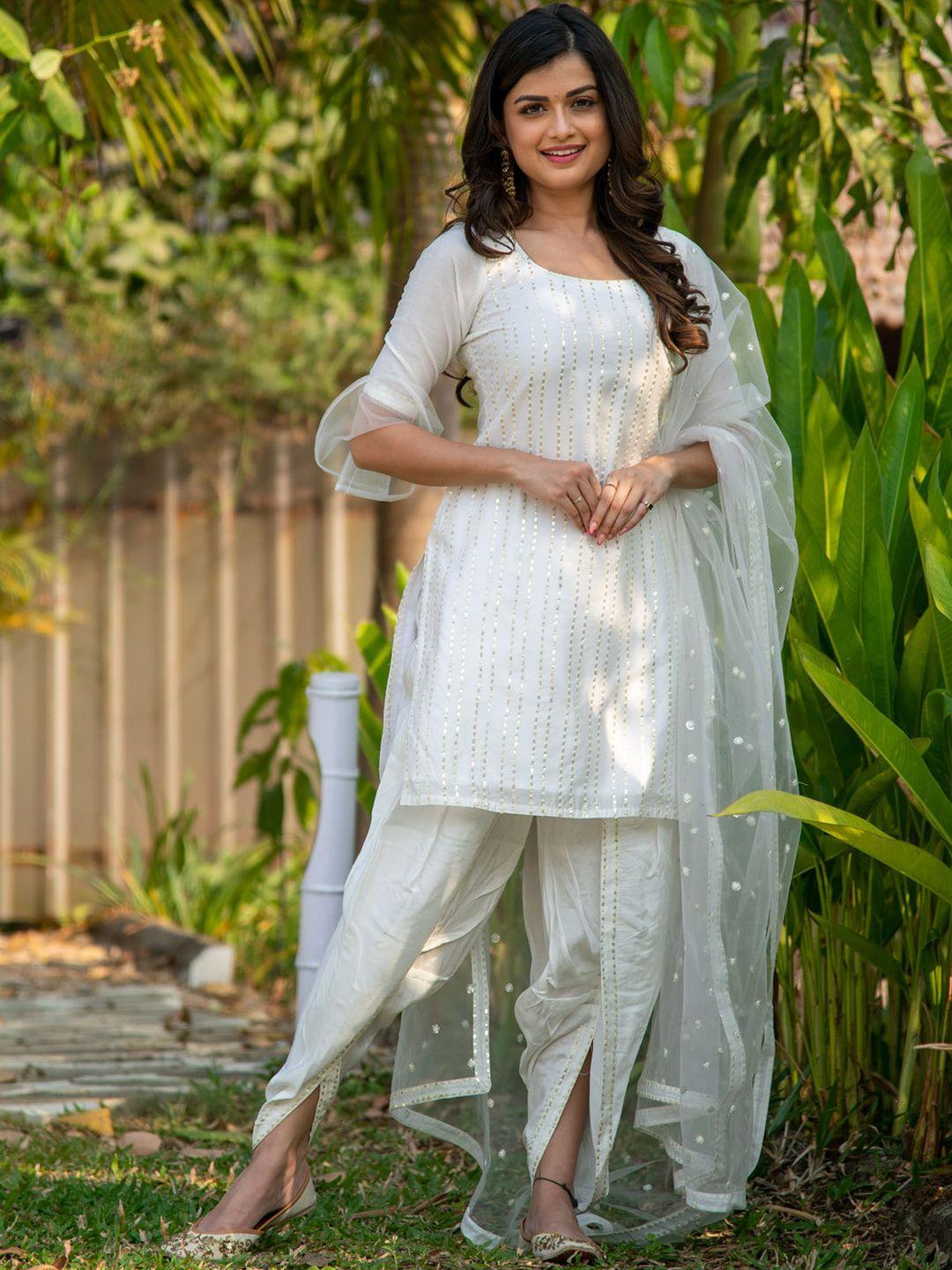 label shaurya sanadhya women white embroidered regular sequinned chanderi silk kurta with patiala & with