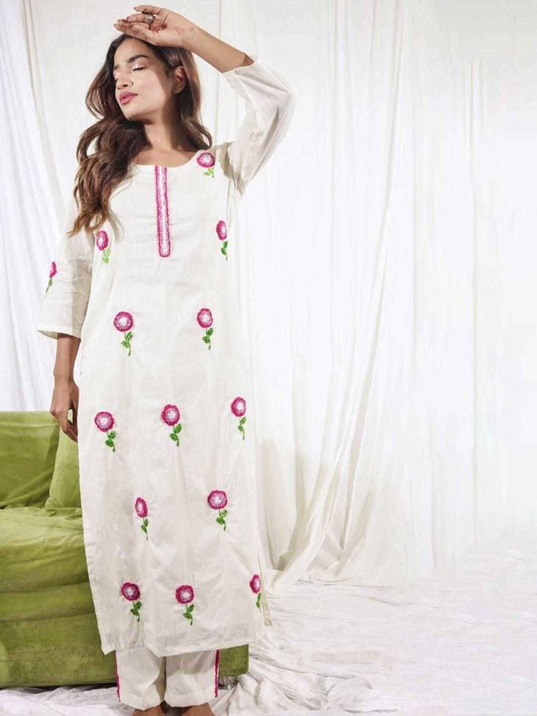 label tamanna rungta floral embroidered regular pure cotton kurta with trousers