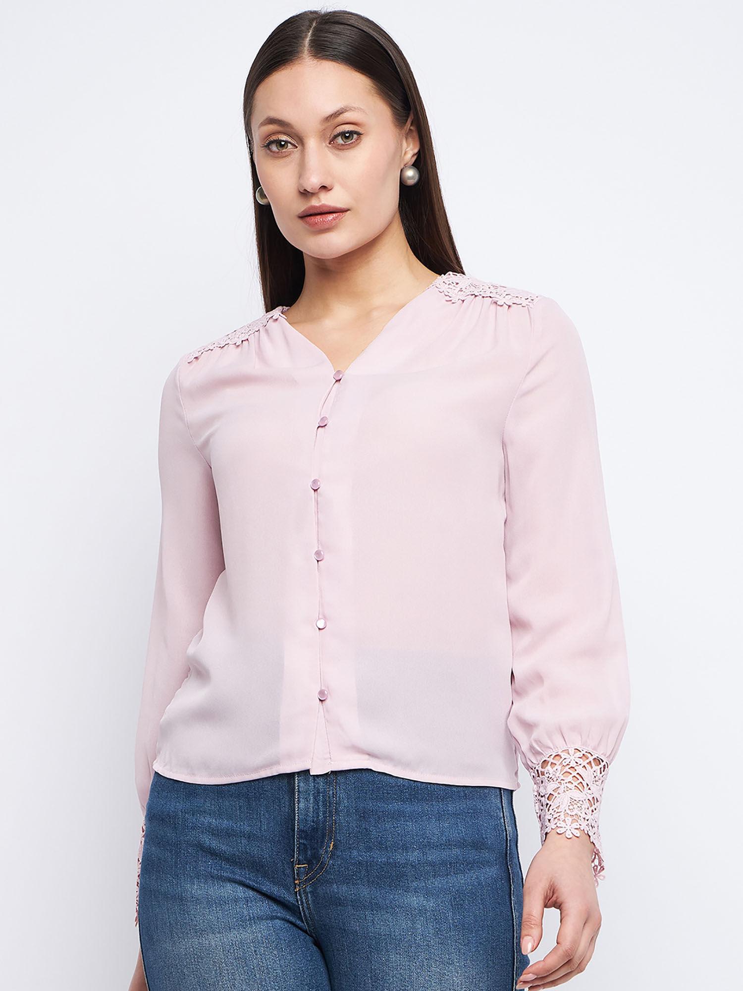 lace detailed onion pink v-neck shirt