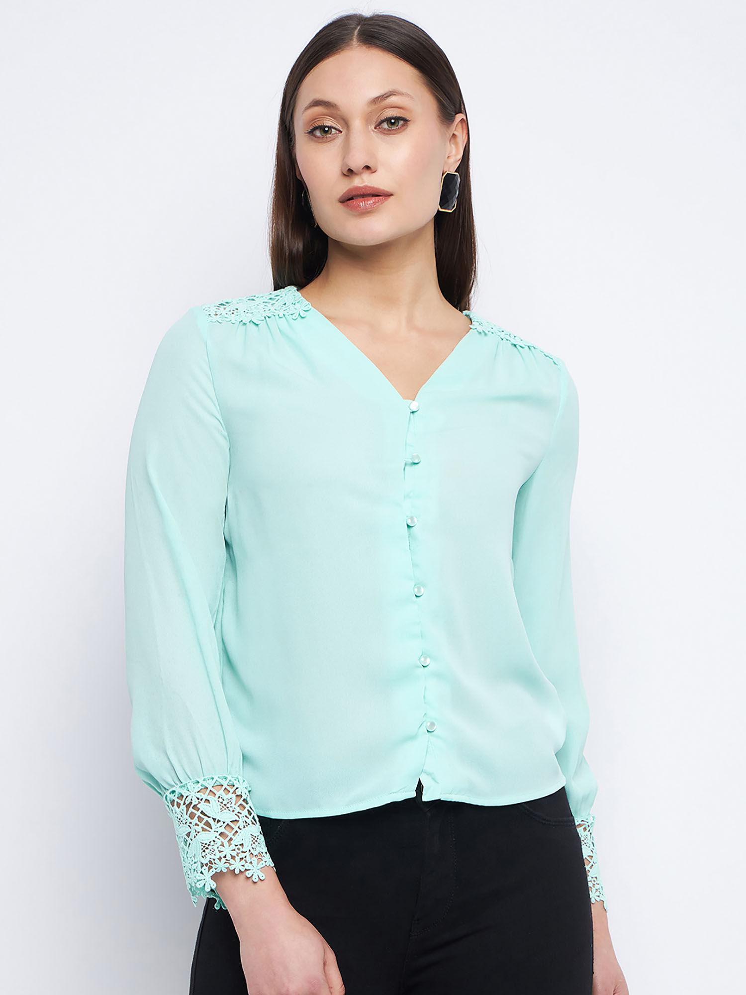 lace detailed sea green v-neck shirt