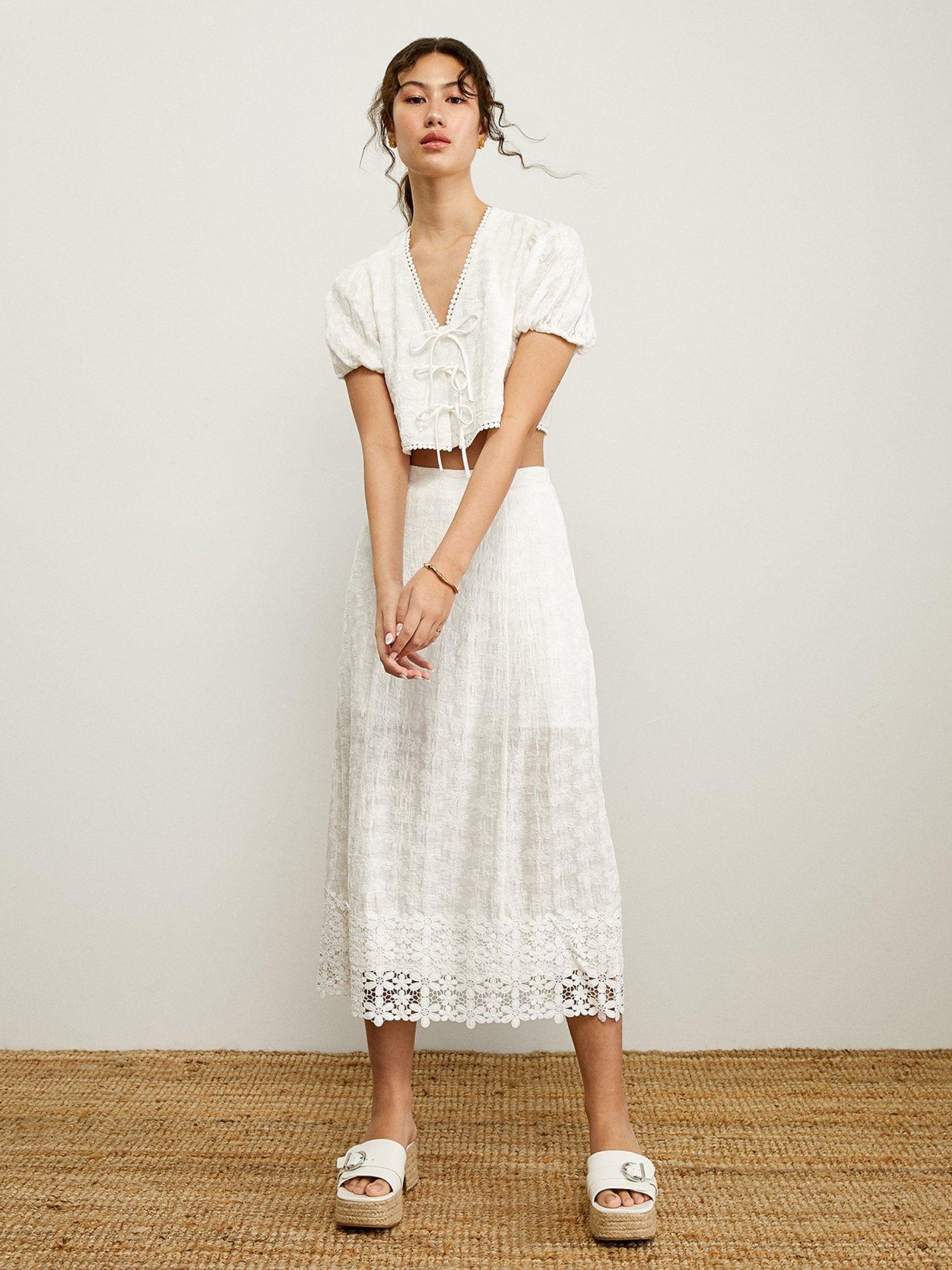 lace high waist midi skirt - white