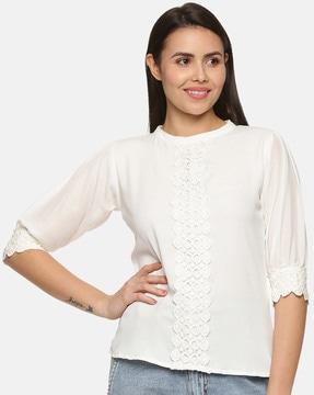 lace pattern puff sleeves top