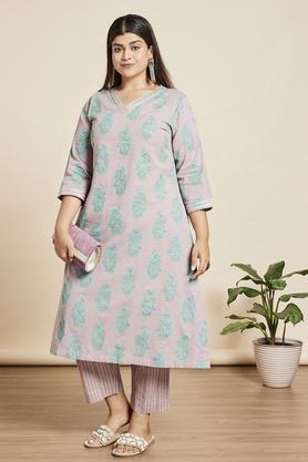 lace cotton flex v neck women's kurtas - lavender