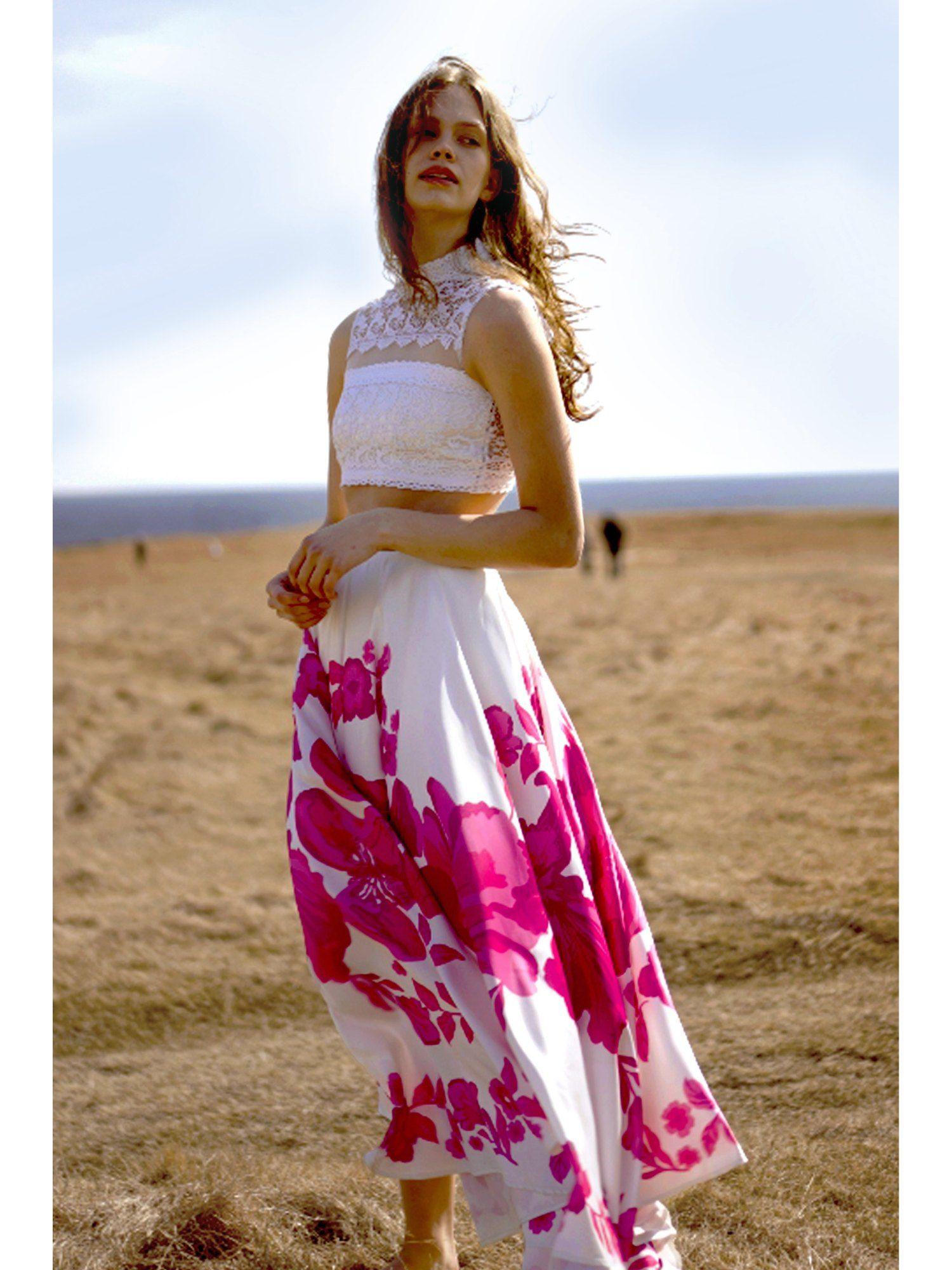 lace crop top and floral maxi skirt (set of 2)