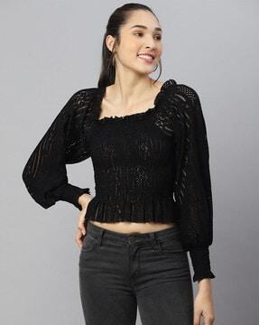 lace crop top with puff sleeves