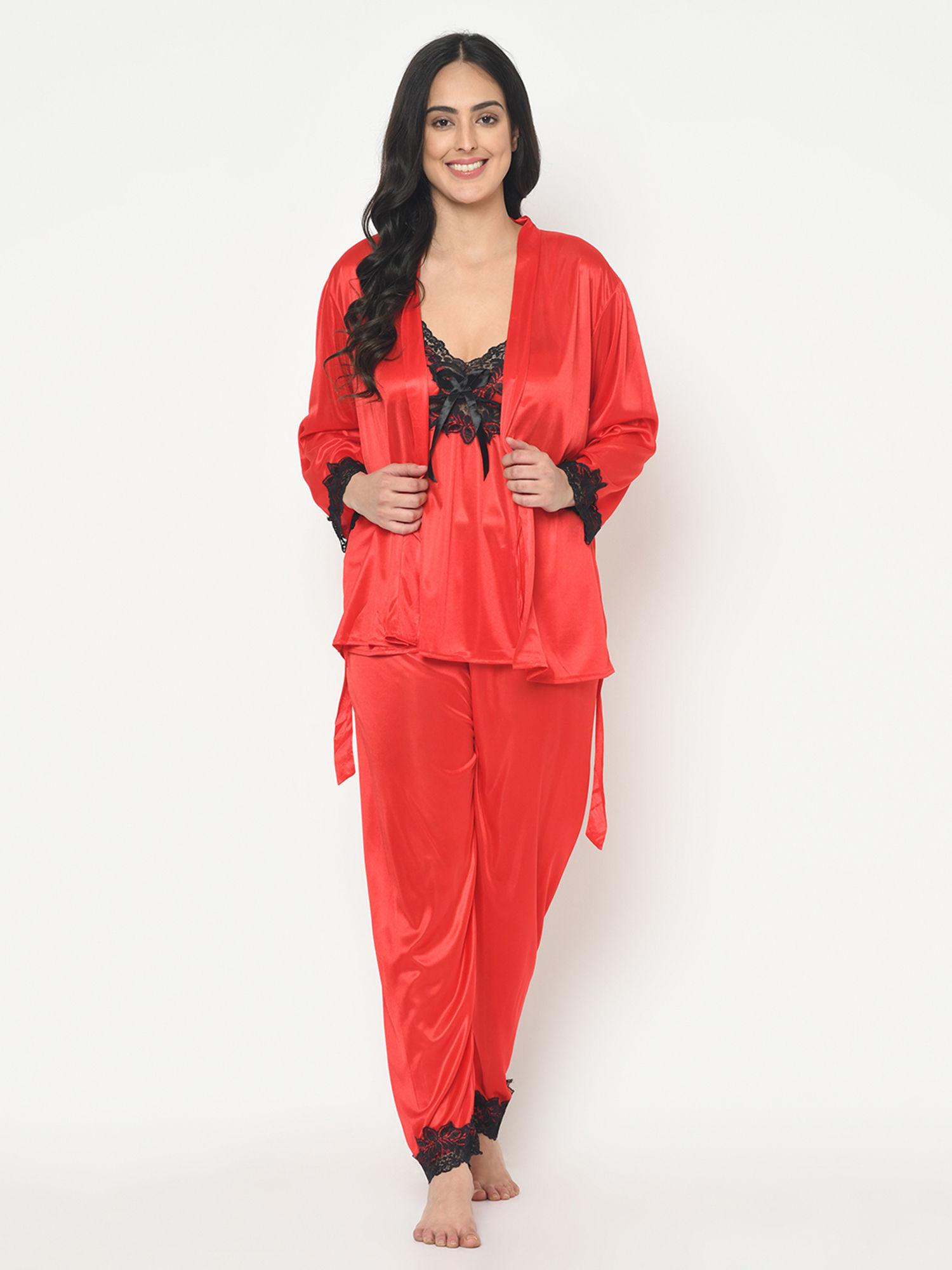 lace detail satin pyjama set - red