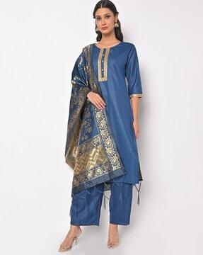 lace embellished straight kurta pants set with dupatta